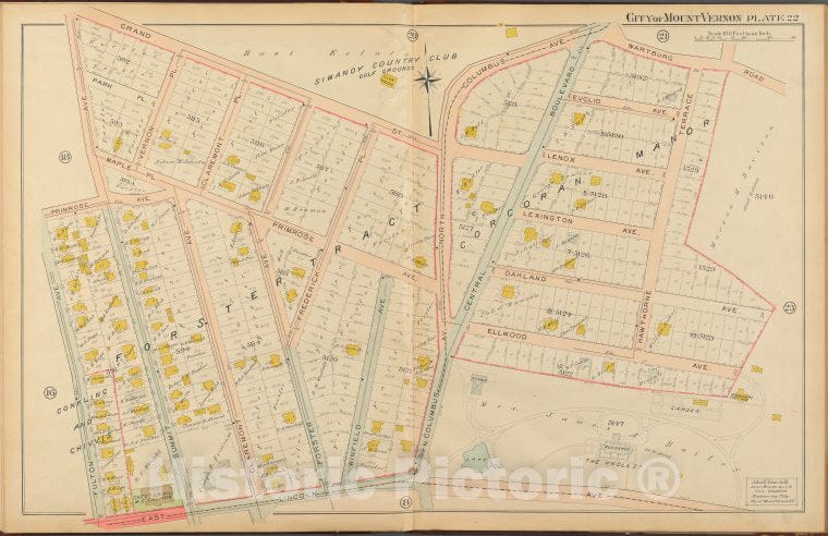 Historic 1908 Map - Mount Vernon, Double Page Plate No. 22 [Map Bounded By Grand St - Vintage Wall Art