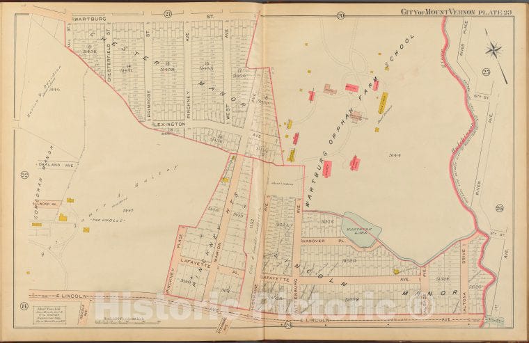 Historic 1908 Map - Mount Vernon, Double Page Plate No. 23 [Map Bounded By Wartburg - Vintage Wall Art