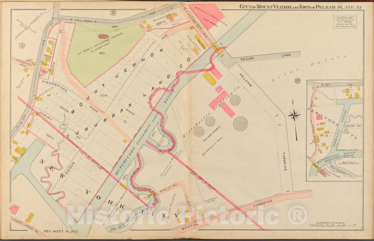 Historic 1908 Map - Mount Vernon, Double Page Plate No. 33 [Map Bounded By S. Colum - Vintage Wall Art