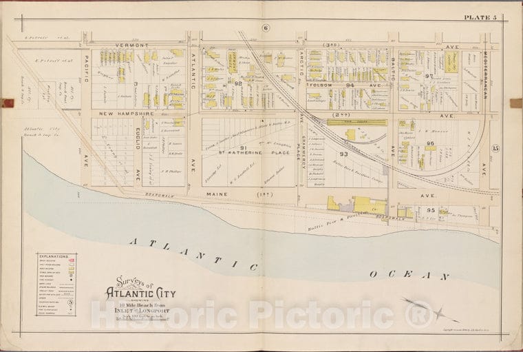 Historic Map - 1896 Atlantic City, New Jersey (N.J.), Double Page Plate No. 5 [Vermont Ave, Mediterranean Ave, Atlantic Ocean, Pacific Ave.] - Vintage Wall Art