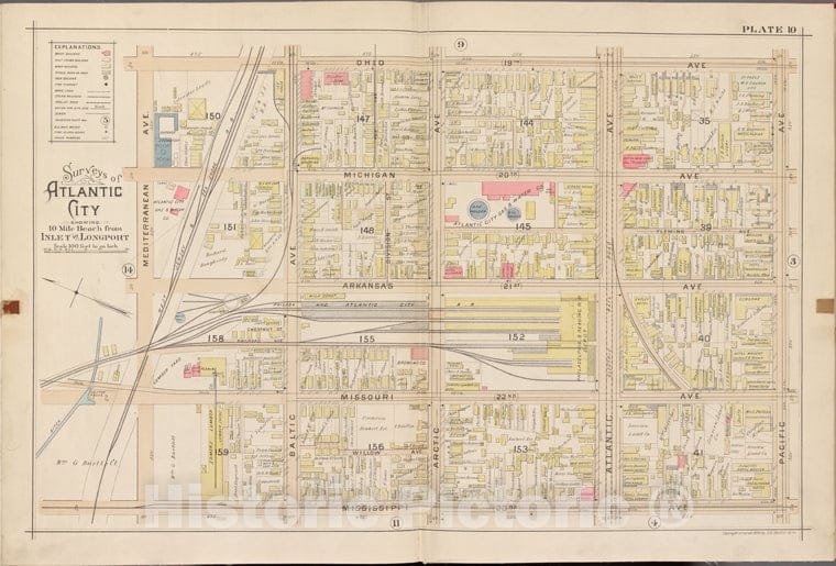 Historic Map - 1896 Atlantic City, New Jersey (N.J.), Double Page Plate No. 10 [Ohio Ave, Pacific Ave, Mississippi Ave, Mediterranean Ave.] - Vintage Wall Art
