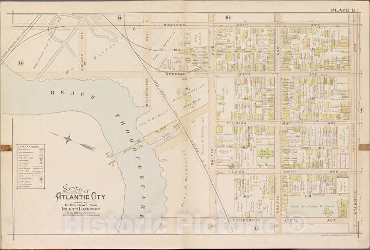 Historic Map - 1896 Atlantic City, New Jersey (N.J.), Double Page Plate No. 11 [Mississippi Ave, Atlantic Ave, California Ave, Beach Thoroughfare] - Vintage Wall Art