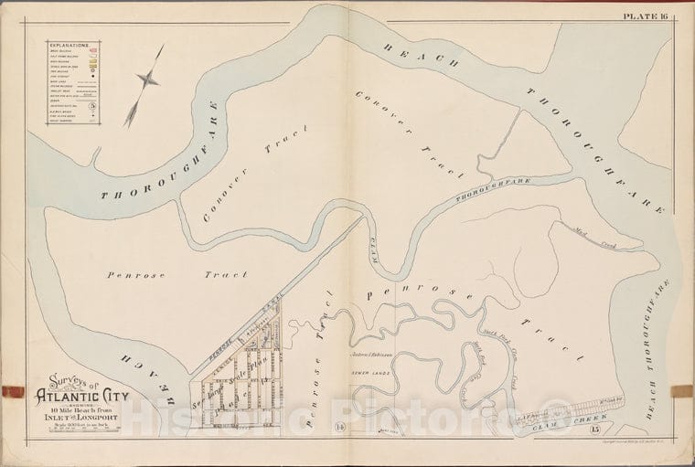 Historic Map - 1896 Atlantic City, New Jersey (N.J.), Double Page Plate No. 16 [Beach Thoroughfare, Clam Creek, Marmorah Ave.] - Vintage Wall Art