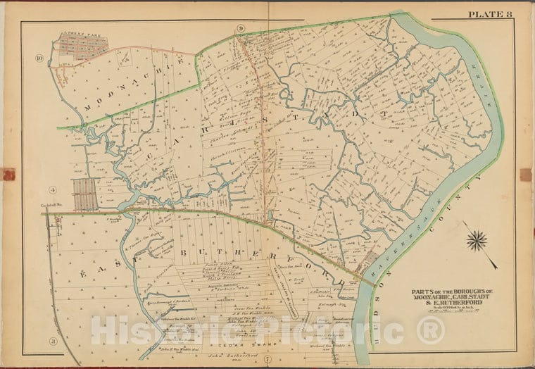 Historic Map - 1912 Bergen County, New Jersey (N.J.), V. 2, Double Page Plate No. 8 [Parts Of The Boroughs Of Moonachie, Carlstadt And E. Rutherford] - Vintage Wall Art