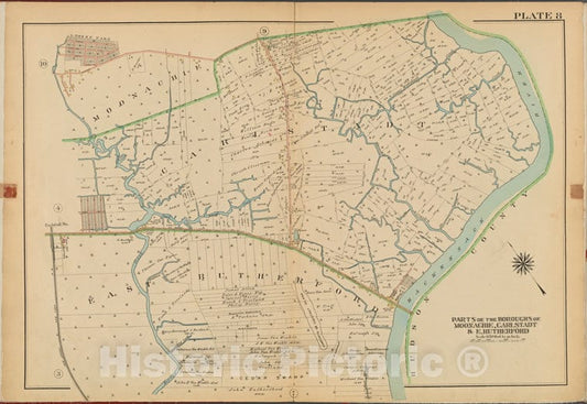 Historic Map - 1912 Bergen County, New Jersey (N.J.), V. 2, Double Page Plate No. 8 [Parts Of The Boroughs Of Moonachie, Carlstadt And E. Rutherford] - Vintage Wall Art