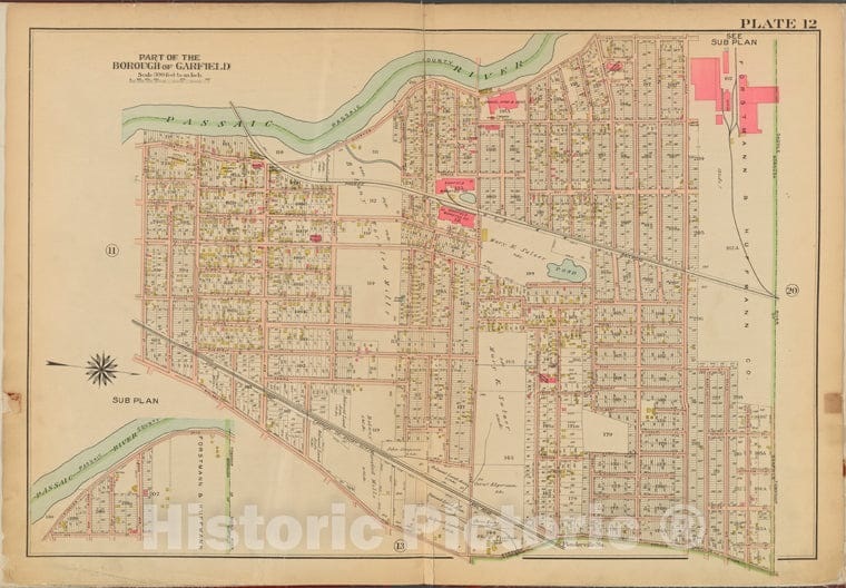 Historic Map - 1912 Bergen County, New Jersey (N.J.), V. 2, Double Page Plate No. 12 [Passaic River, Borough Of Garfeld, Midland Ave, Willard St.] - Vintage Wall Art