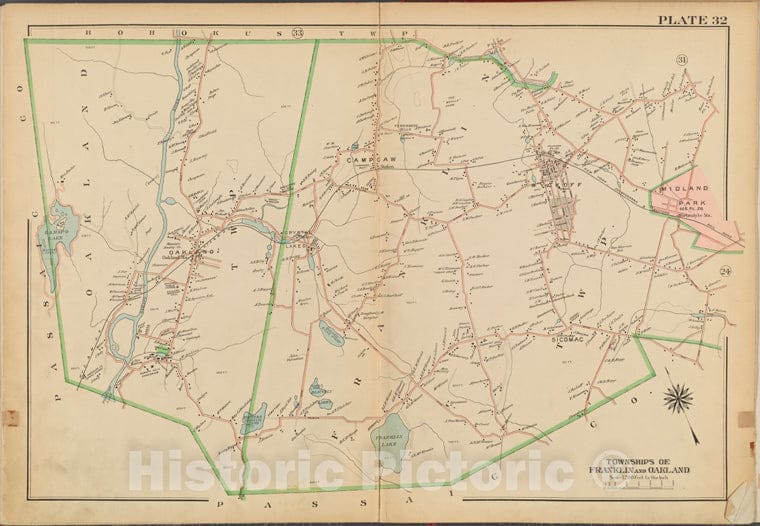 Historic 1912 Map - Bergen County, V. 2, Double Page Plate No. 32 [Townships Of Franklin And Oakland] - Bergen County (N.J. - Vintage Wall Art