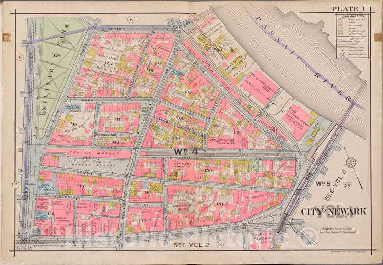 Historic Map - 1911 Newark, New Jersey (N.J.), V. 1, Double Page Plate No. 1 [Centre St, Passaic River, Market St, Broad St.] - Vintage Wall Art