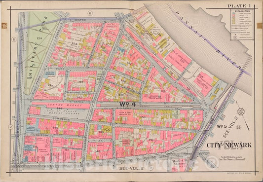 Historic Map - 1911 Newark, New Jersey (N.J.), V. 1, Double Page Plate No. 1 [Centre St, Passaic River, Market St, Broad St.] - Vintage Wall Art