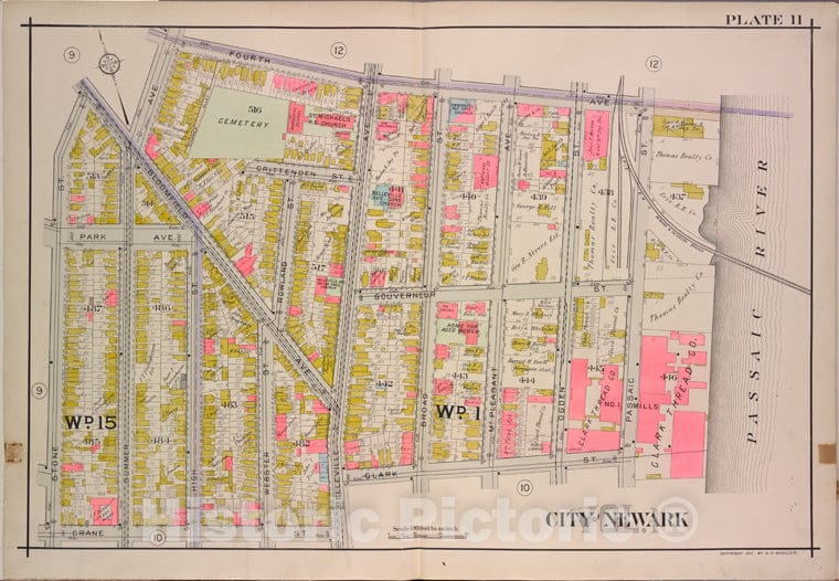 Historic Map - 1911 Newark, New Jersey (N.J.), V. 1, Double Page Plate No. 11 [4Th Ave, Passaic River, Clark St, Crane St, Stone St.] - Vintage Wall Art