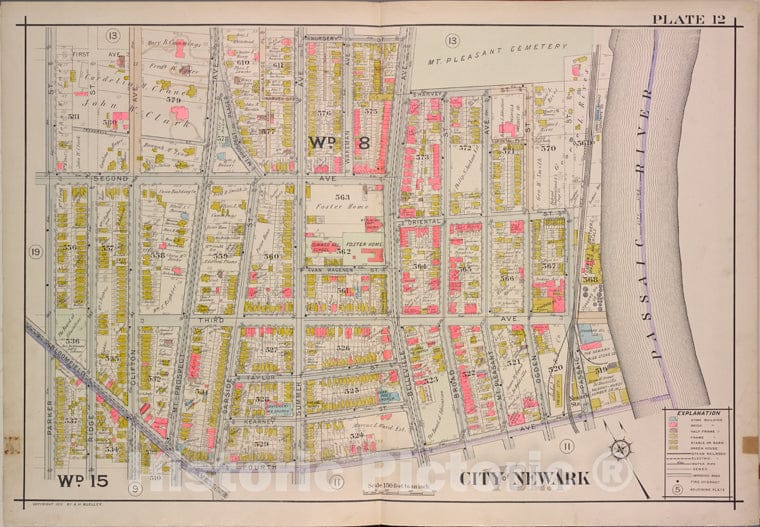 Historic Map - 1911 Newark, New Jersey (N.J.), V. 1, Double Page Plate No. 12 [Nursery St, Passaic River, 4Th Ave, Parker St.] - Vintage Wall Art