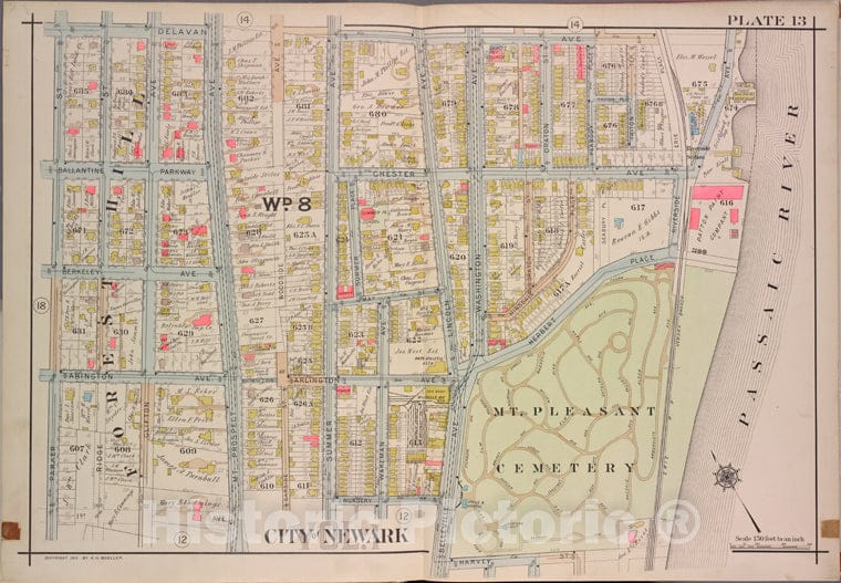 Historic Map - 1911 Newark, New Jersey (N.J.), V. 1, Double Page Plate No. 13 [Delavan Ave, Passaic River, Harvey St, Parker St.] - Vintage Wall Art