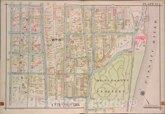 Historic Map - 1911 Newark, New Jersey (N.J.), V. 1, Double Page Plate No. 13 [Delavan Ave, Passaic River, Harvey St, Parker St.] - Vintage Wall Art