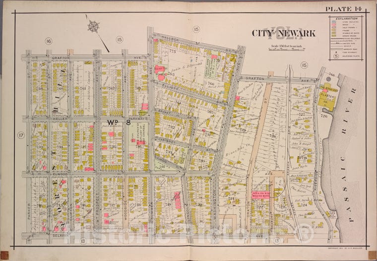 Historic Map - 1911 Newark, New Jersey (N.J.), V. 1, Double Page Plate No. 14 [Halleck St, Grafton Ave, Passaic River, Delavan Ave, Parker St.] - Vintage Wall Art