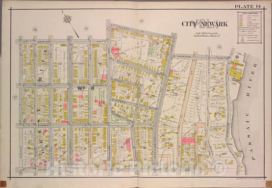 Historic Map - 1911 Newark, New Jersey (N.J.), V. 1, Double Page Plate No. 14 [Halleck St, Grafton Ave, Passaic River, Delavan Ave, Parker St.] - Vintage Wall Art