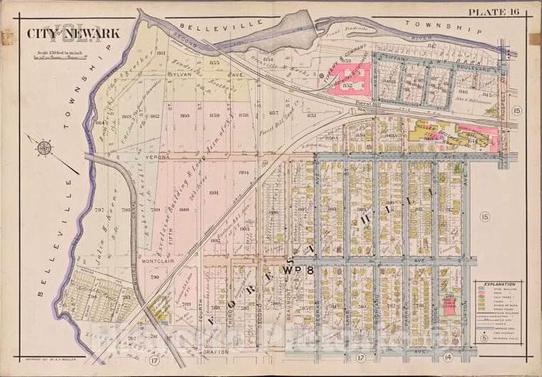 Historic Map - 1911 Newark, New Jersey (N.J.), V. 1, Double Page Plate No. 16 [Second River, Prospect Ave, Clifton Ave, Grafton Ave.] - Vintage Wall Art