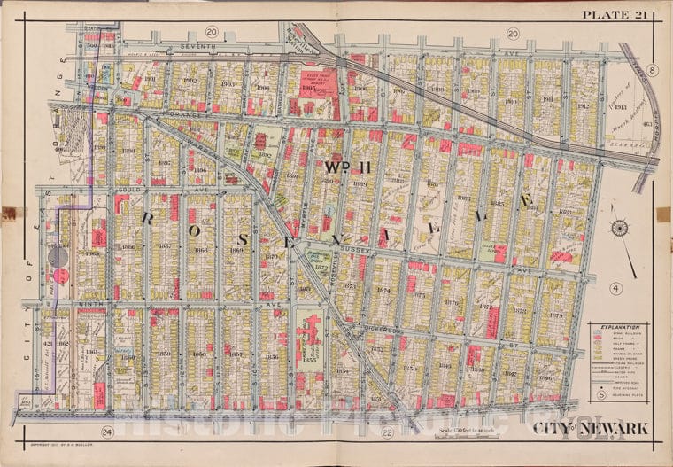 Historic Map - 1911 Newark, New Jersey (N.J.), V. 1, Double Page Plate No. 21 [7Th Ave, 1St St, Central Ave, S. 16Th St, N. 15Th St.] - Vintage Wall Art