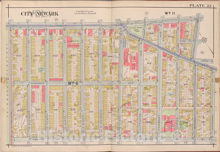 Historic Map - 1911 Newark, New Jersey (N.J.), V. 1, Double Page Plate No. 22 [Central Ave, Hunterdon St, Bank St, 12Th Ave, S. 12Th St.] - Vintage Wall Art