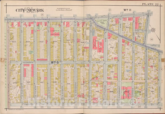 Historic Map - 1911 Newark, New Jersey (N.J.), V. 1, Double Page Plate No. 22 [Central Ave, Hunterdon St, Bank St, 12Th Ave, S. 12Th St.] - Vintage Wall Art