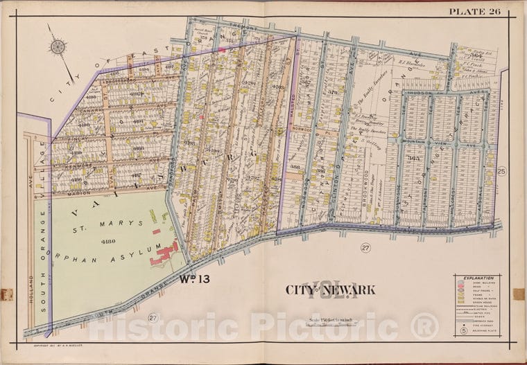 Historic Map - 1911 Newark, New Jersey (N.J.), V. 1, Double Page Plate No. 26 [Tremont Ave, Arsdale Ter, S. Orange Ave, Holland Ave.] - Vintage Wall Art
