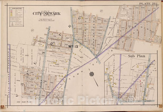 Historic 1911-12 Map - Newark, V. 1, Double Page Plate No. 28 [Map Bounded By Caroline - Newark (N.J. - Vintage Wall Art