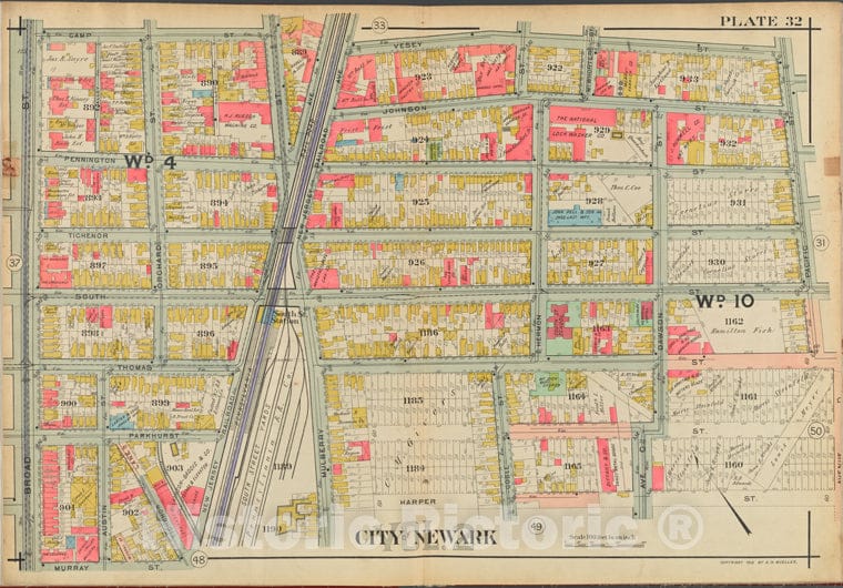 Historic Map - 1911 Newark, New Jersey (N.J.), V. 2, Double Page Plate No. 32 [Camp St, Vesey St, Pacific St, Murray St, Broad St.] - Vintage Wall Art