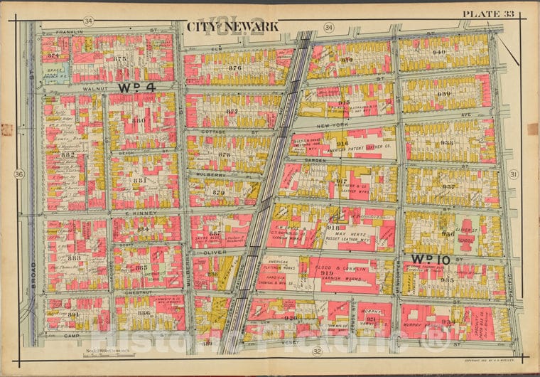 Historic Map - 1911 Newark, New Jersey (N.J.), V. 2, Double Page Plate No. 33 [Franklin St, Elm St, Pacific St, Vesey St, Camp St, Broad St.] - Vintage Wall Art