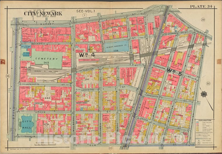 Historic Map - 1911 Newark, New Jersey (N.J.), V. 2, Double Page Plate No. 34 [Market St, Ferry St, Union St, Elm St, Franklin St, Broad St.] - Vintage Wall Art