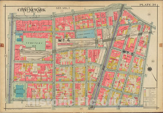 Historic Map - 1911 Newark, New Jersey (N.J.), V. 2, Double Page Plate No. 34 [Market St, Ferry St, Union St, Elm St, Franklin St, Broad St.] - Vintage Wall Art