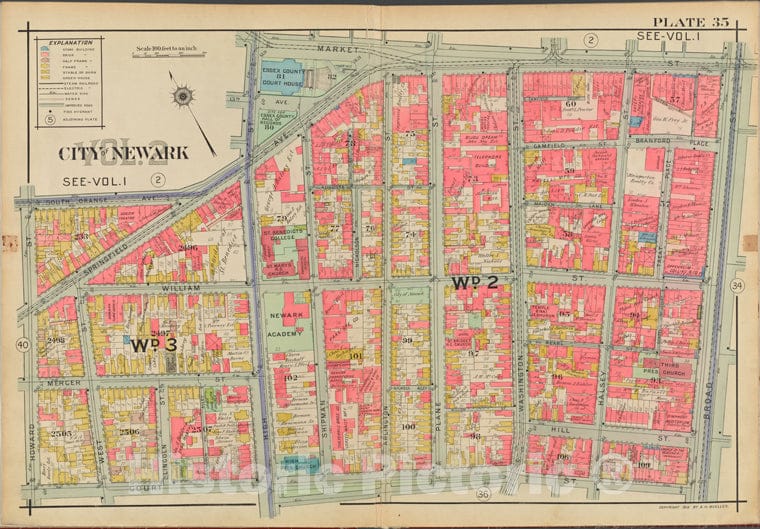 Historic Map - 1911 Newark, New Jersey (N.J.), V. 2, Double Page Plate No. 35 [Market St, Broad St, Court St, Howard St.] - Vintage Wall Art