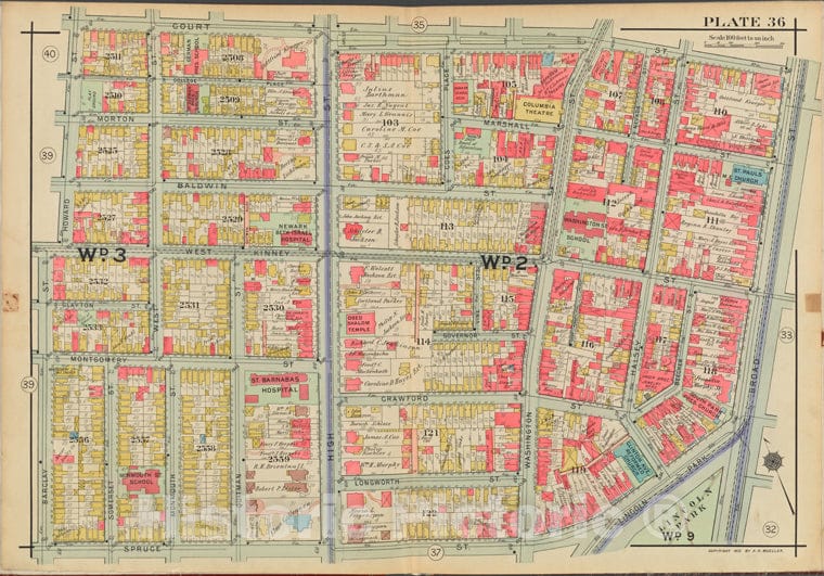 Historic Map - 1911 Newark, New Jersey (N.J.), V. 2, Double Page Plate No. 36 [Court St, Broad St, Spruce St, Barclay St, Howard St.] - Vintage Wall Art