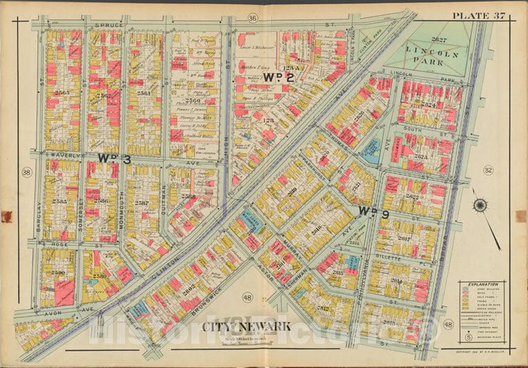 Historic Map - 1911 Newark, New Jersey (N.J.), V. 2, Double Page Plate No. 37 [Spruce St, Broad St, Astor St, Brunswick St, Barclay St.] - Vintage Wall Art