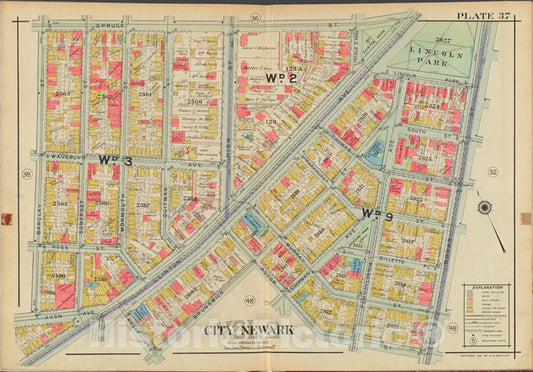Historic Map - 1911 Newark, New Jersey (N.J.), V. 2, Double Page Plate No. 37 [Spruce St, Broad St, Astor St, Brunswick St, Barclay St.] - Vintage Wall Art