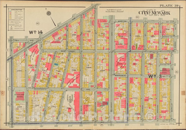 Historic 1911-12 Map - Newark, V. 2, Double Page Plate No. 39 [Map Bounded By Morton St - Newark (N.J. - Vintage Wall Art