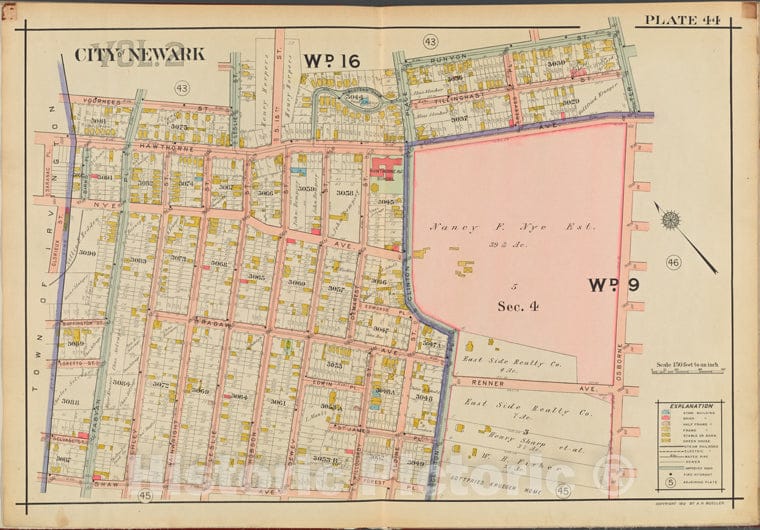 Historic Map - 1911 Newark, New Jersey (N.J.), V. 2, Double Page Plate No. 44 [Runyon St, Osborne Ter, Shaw Ave, Saramac Pl.] - Vintage Wall Art