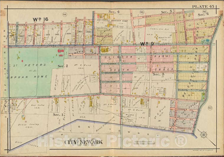 Historic 1911-12 Map - Newark, V. 2, Double Page Plate No. 45 [Map Bounded By Shaw Ave, Mapes Ave, Elizabeth Ave.] - Newark (N.J. - Vintage Wall Art