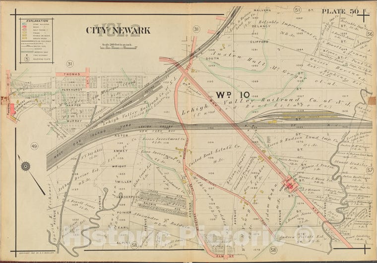 Historic Map - 1911 Newark, New Jersey (N.J.), V. 2, Double Page Plate No. 50 [Thomas St, Avenue L, Alpine St, Avenue E, Avenue D] - Vintage Wall Art