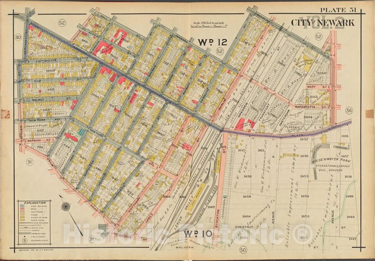 Historic Map - 1911 Newark, New Jersey (N.J.), V. 2, Double Page Plate No. 51 [Niagara St, Magazine St, Avenue L, Malvern St, Elm Rd, Tyler St.] - Vintage Wall Art