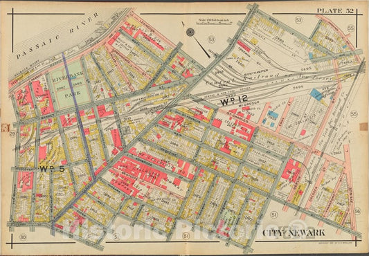 Historic Map - 1911 Newark, New Jersey (N.J.), V. 2, Double Page Plate No. 52 [Brill St, Venue L, Ferry St, Van Buren St, Passaic River] - Vintage Wall Art