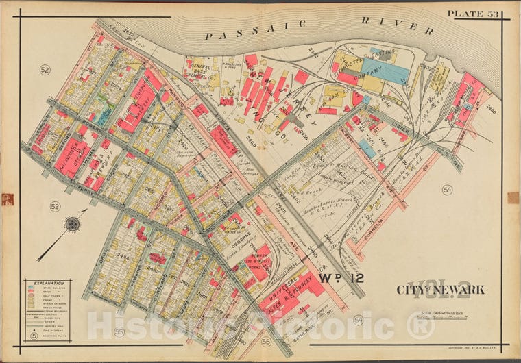 Historic Map - 1911 Newark, New Jersey (N.J.), V. 2, Double Page Plate No. 53 [Passaic River, Brown St, Cornelia St, Catherine St, Lexington St.] - Vintage Wall Art