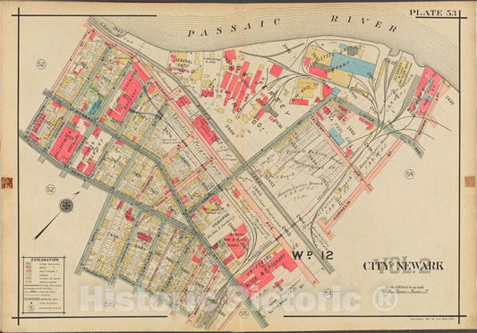 Historic Map - 1911 Newark, New Jersey (N.J.), V. 2, Double Page Plate No. 53 [Passaic River, Brown St, Cornelia St, Catherine St, Lexington St.] - Vintage Wall Art