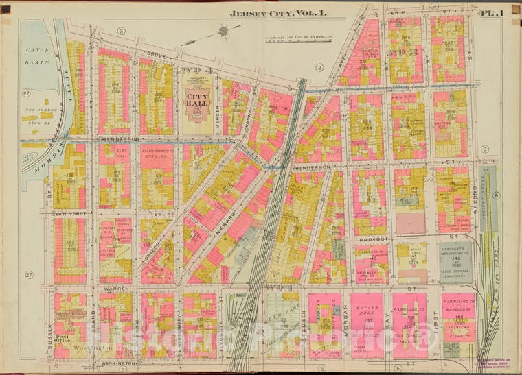 Historic Map - 1908 Hudson County, New York (N.Y.), Erie St, 2Nd St, Washington St, Sussex St, Grove St. - Vintage Wall Art