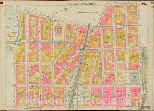 Historic Map - 1908 Hudson County, New York (N.Y.), Erie St, 2Nd St, Washington St, Sussex St, Grove St. - Vintage Wall Art