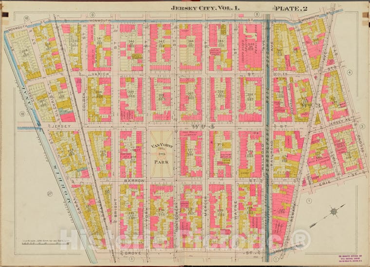 Historic Map - 1908 Hudson County, New York (N.Y.), Monmouth St, 2Nd St, Grove St, Morris Canal - Vintage Wall Art
