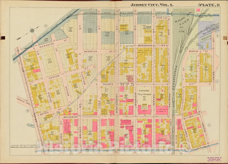 Historic Map - 1908 Hudson County, New York (N.Y.), 3Rd St, 2Nd St, Monmouth St, Grand St. - Vintage Wall Art