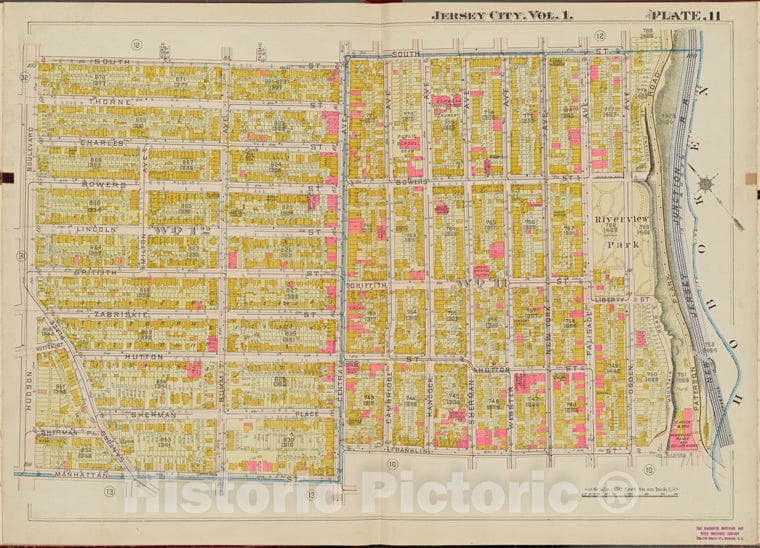 Historic Map - 1908 Hudson County, New York (N.Y.), South St, New Jersey Junction R.R, Franklin St, Manhattan St, Hudson Blvd. - Vintage Wall Art