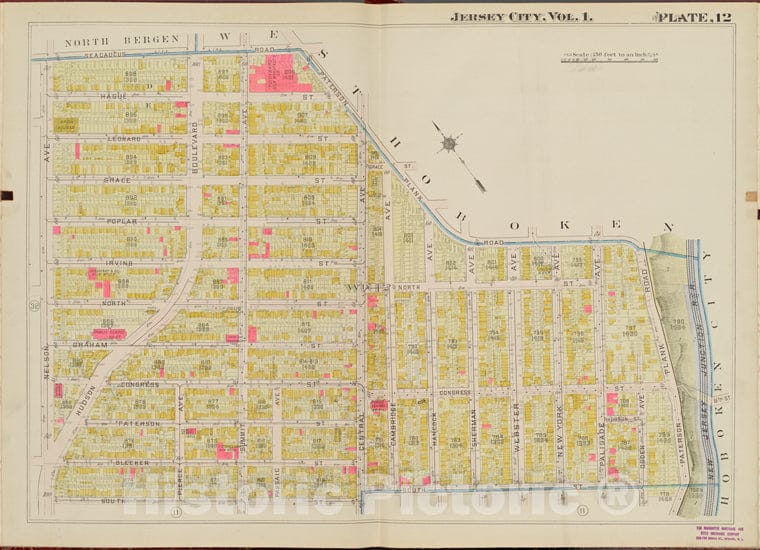 Historic Map - 1908 Hudson County, New York (N.Y.), Paterson Plank Rd, South St, Nelson Ave, Seacaucus Rd. - Vintage Wall Art