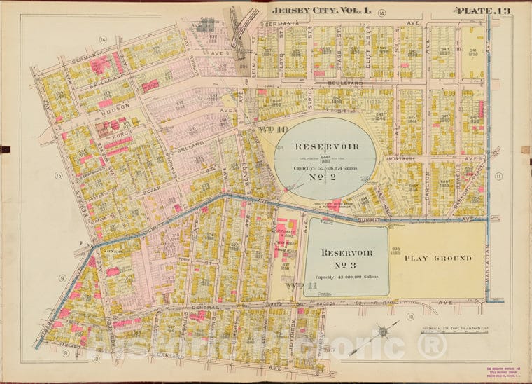 Historic Map - 1908 Hudson County, New York (N.Y.), Germania Ave, Manhattan Ave, Oakland Ave, Newark Ave. - Vintage Wall Art