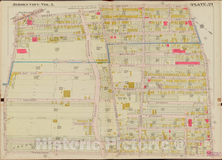 Historic Map - 1908 Hudson County, New York (N.Y.), Orient Ave, Ocean Ave, Woodlawn Ave, West Side Ave. - Vintage Wall Art