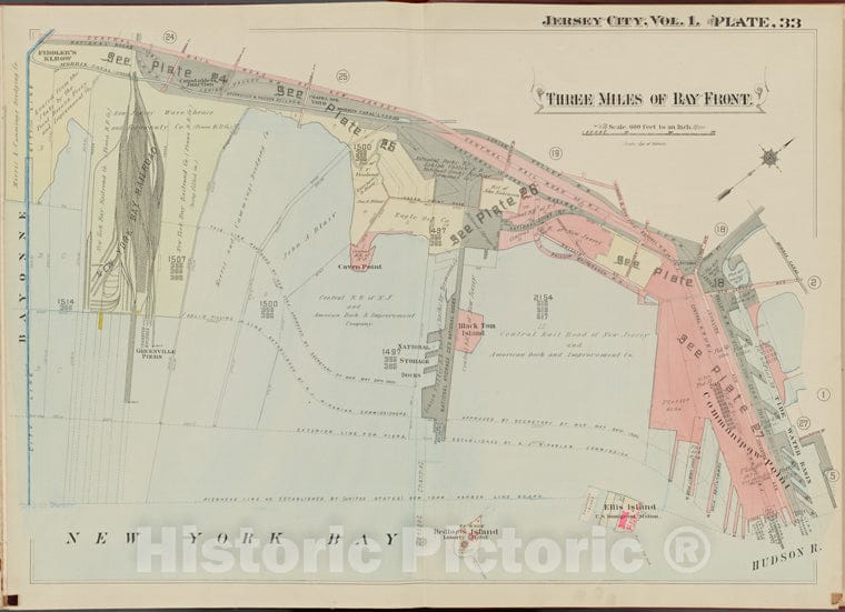 Historic Map - 1908 Jersey City (N.J.), Hudson County, V. 1, Double Page Plate No. 33 [Hudson River, New York Bay, Bayonne] - Vintage Wall Art